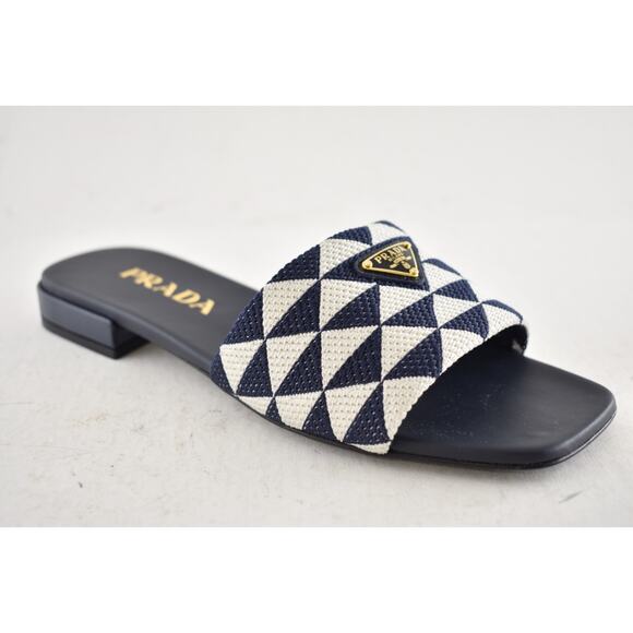 Prada Jacquard Triangle Logo Baltico Talco Blue White Slide Sandal Flat Mule 36 - Picture 6 of 15